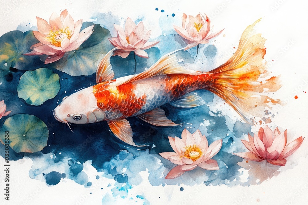 Fototapeta premium Watercolor Painting of a Koi Fish and Lotus Flowers