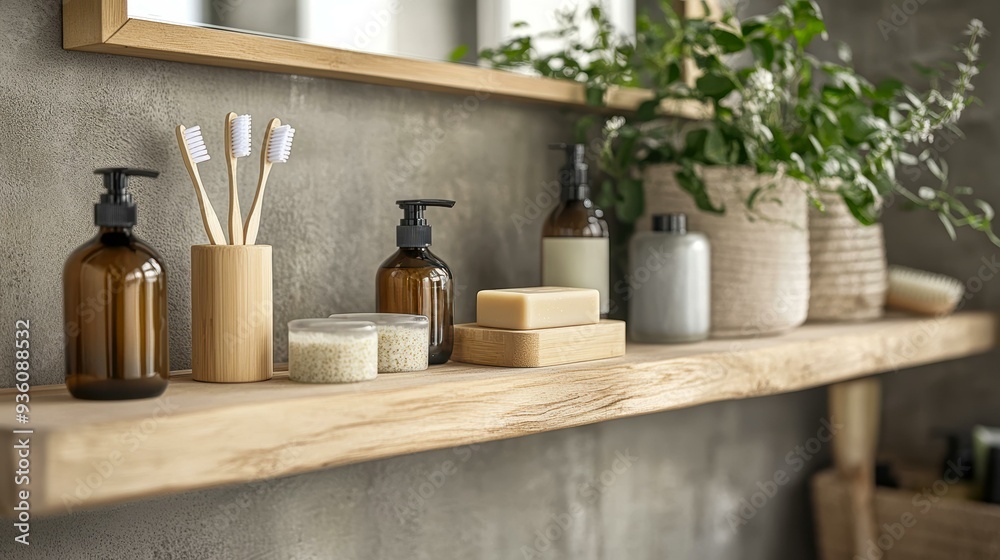 Modern bathroom shelf displaying eco-friendly accessories like wooden toothbrushes, soap, and amber glass dispensers suitable for wellness, eco-conscious lifestyles, and home decor content, Modern bathroom shelf displaying eco-friendly accessories like wooden toothbrushes, soap, and amber glass dispensers suitable for wellness, eco-conscious lifestyles, and home decor content,