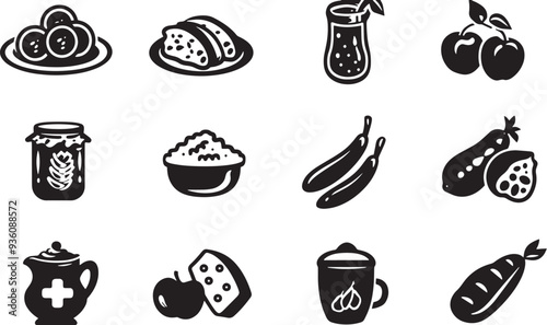 A clean vector icon set including a daily calorie intake, food allergies, sugar intake, and nutritional goals