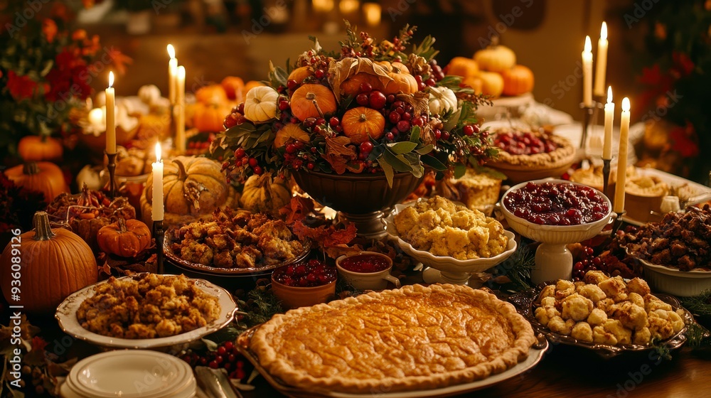 A festive table adorned with an array of Thanksgiving dishes, including pies, stuffing, and cranberries, surrounded by lit candles and autumn decor A festive table adorned with an array of Thanksgiving dishes, including pies, stuffing, and cranberries, surrounded by lit candles and autumn decor