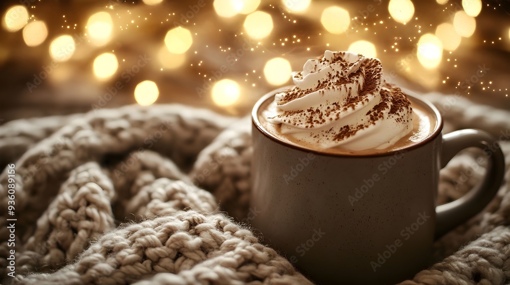 Vintage Inspired Ceramic Mug with Rich Chocolate Whipped Cream and Cozy Knit Throw