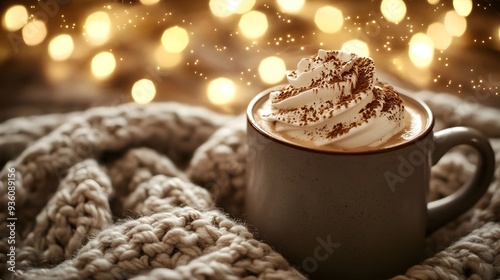 Obraz na płótnie Vintage Inspired Ceramic Mug with Rich Chocolate Whipped Cream and Cozy Knit Throw w salonie