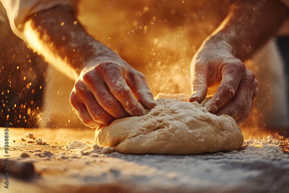 a baker’s hands kneading dough on a floured countertop, with a warm light illuminating the scene a baker’s hands kneading dough on a floured countertop, with a warm light illuminating the scene