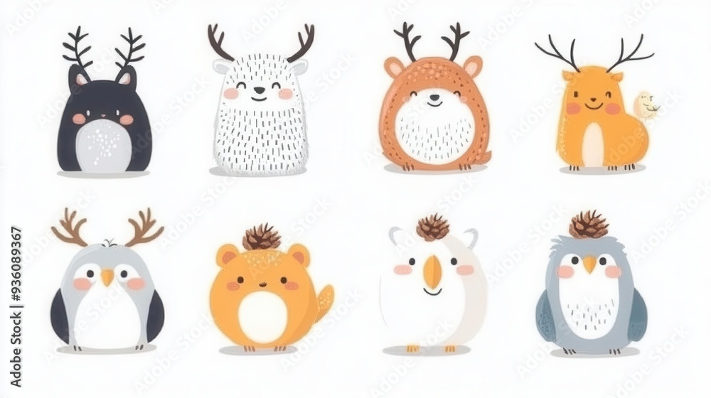 Naklejka premium Adorable collection of cute animal illustrations with antlers and playful expressions, perfect for kids' designs and seasonal themes.