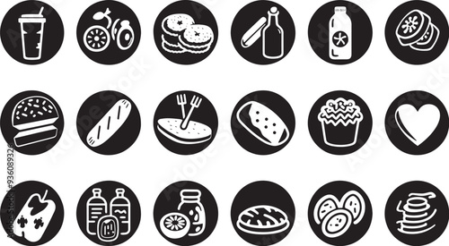 A clean vector icon set including a daily calorie intake, food allergies, sugar intake, and nutritional goals