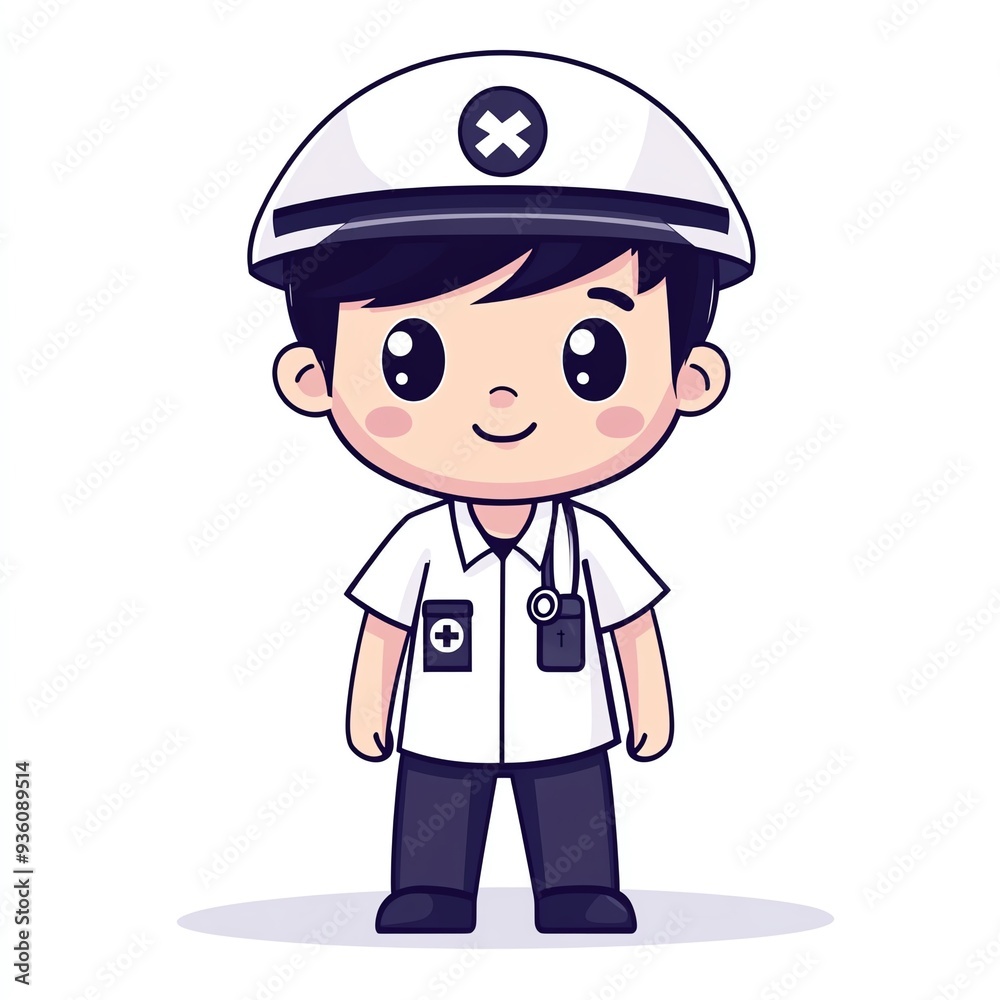 Cute cartoon character of a young medic dressed in uniform, perfect for children's healthcare themes or educational materials. Cute cartoon character of a young medic dressed in uniform, perfect for children's healthcare themes or educational materials.