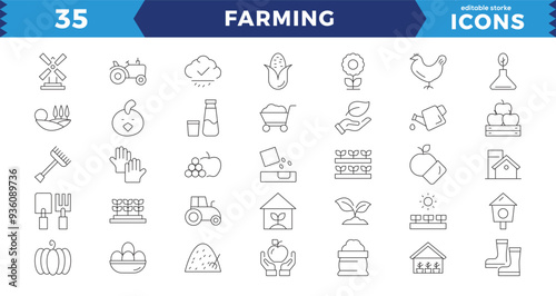 Farm, Farming, Agriculture - thin line web icon set. Contains such Icons as Greenhouse,Haystack, Harvest and more. Excellent signed icon collection. Thin outline icons pack.
