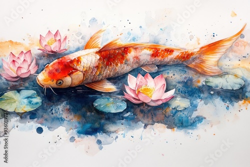 Watercolor Painting of a Koi Fish and Lotus Flowers