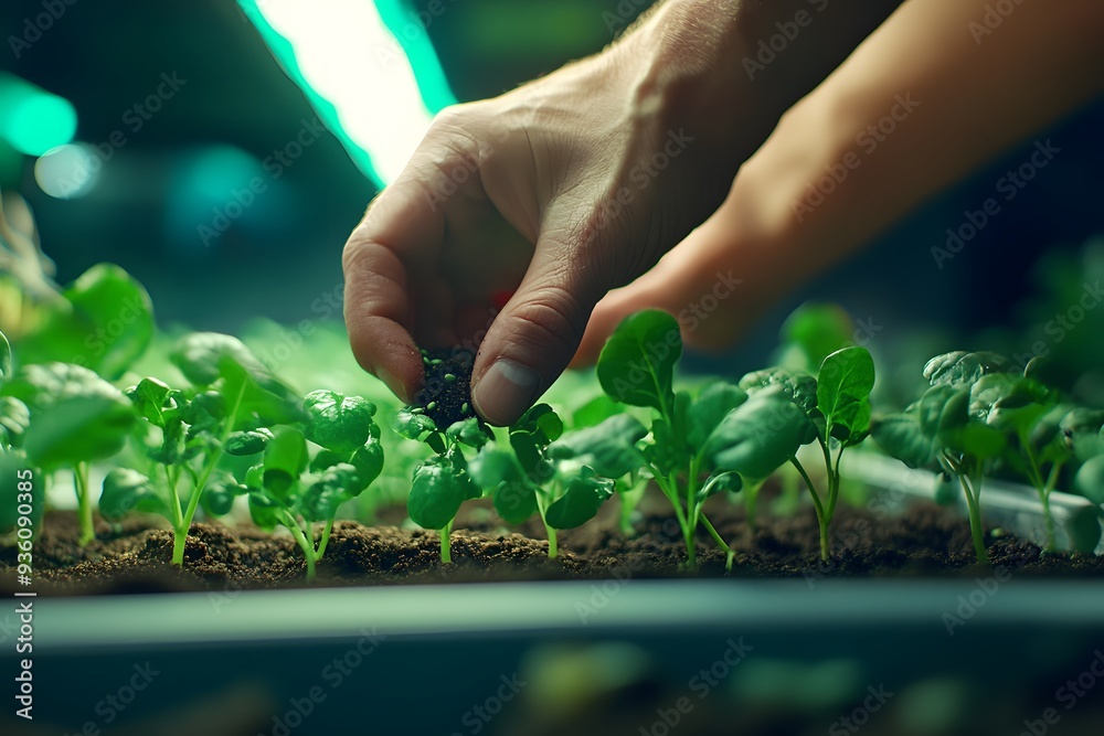 a farmer’s hands planting seeds in nutrient-rich, futuristic soil within a high-tech greenhouse a farmer’s hands planting seeds in nutrient-rich, futuristic soil within a high-tech greenhouse