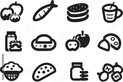 A clean vector icon set including a daily calorie intake, food allergies, sugar intake, and nutritional goals