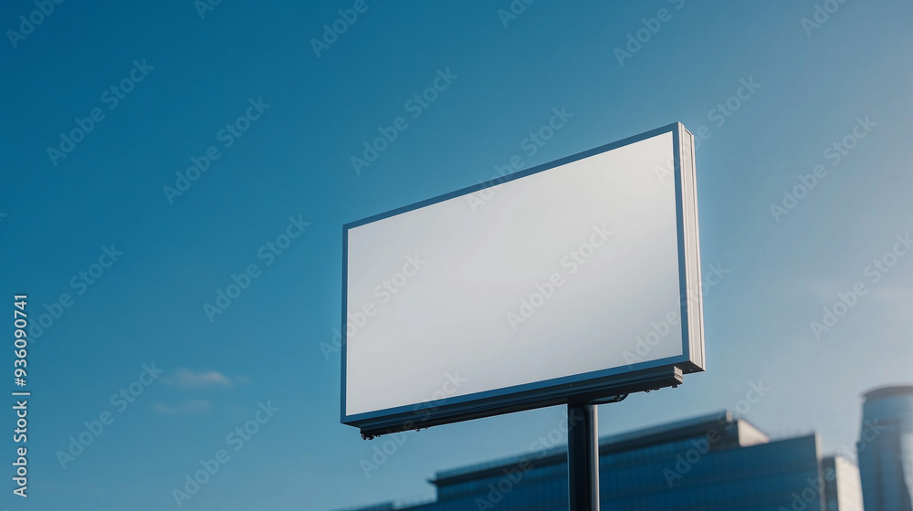 Blank white billboard mockup in front of modern office building with glass facades and cityscape