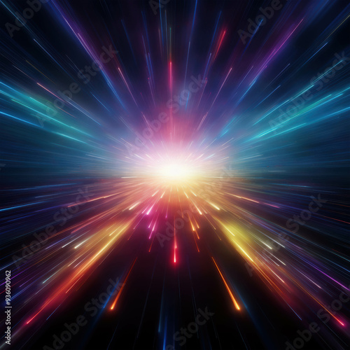 Cosmic Radiance  A vibrant explosion of light streaks across the black canvas  radiating from a central point in a dazzling display of color and energy. The abstract design evokes feelings of wonder a