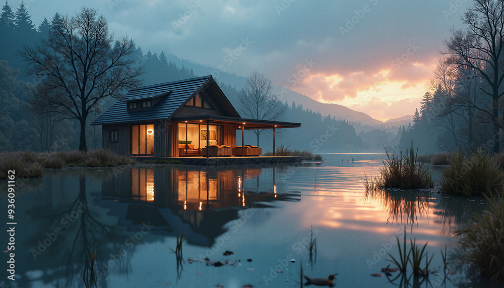 Cozy lakeside cabin with warm glow against misty mountain sunset Cozy lakeside cabin with warm glow against misty mountain sunset