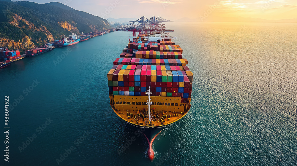 unloading of cargo ship in port, containers, transportation, trade ...