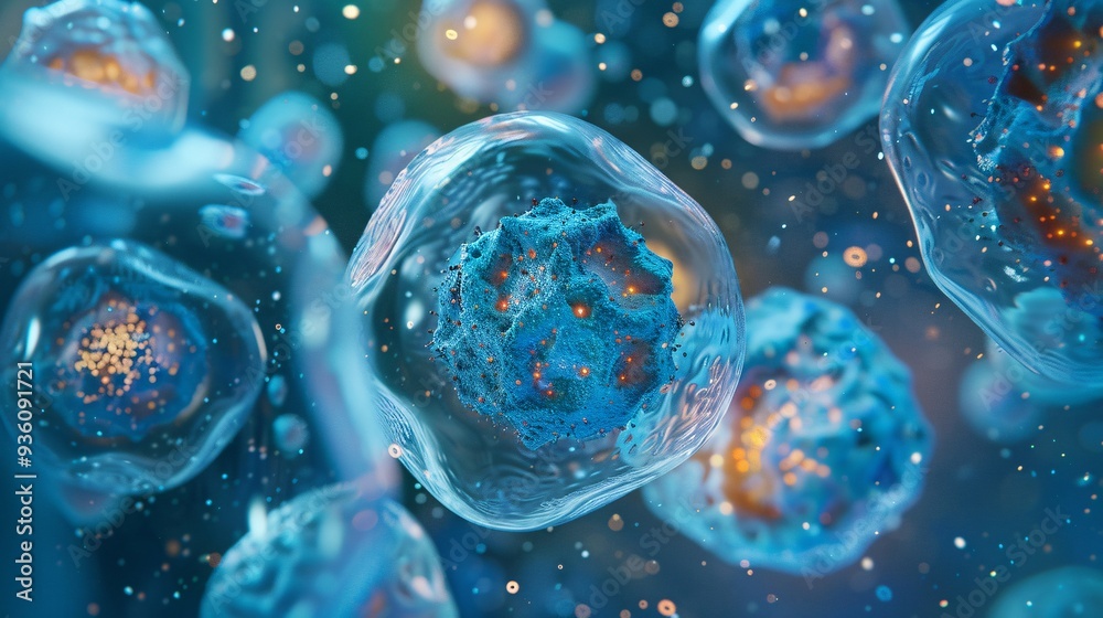 Abstract background with blue bubbles and spheres in a liquid, showcasing reflections and light, designed with a science and space theme Abstract background with blue bubbles and spheres in a liquid, showcasing reflections and light, designed with a science and space theme
