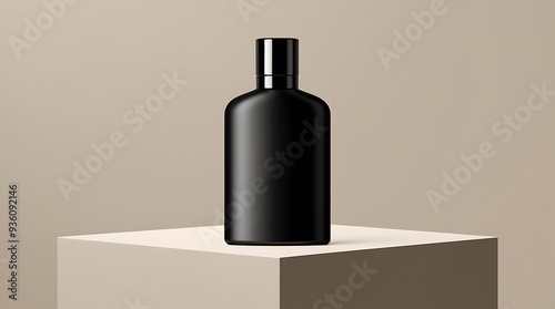 mockup of a plain black perfume or lotion bottle placed on podium on a neutral background for commercial or advertisng created with generative ai photo