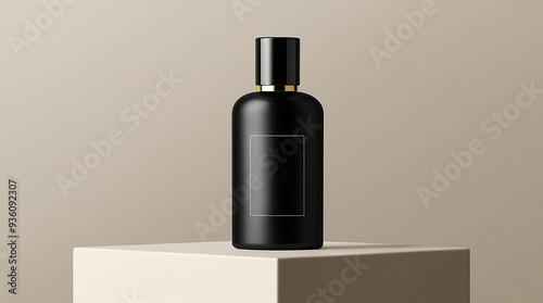 mockup of a plain black perfume or lotion bottle placed on podium on a neutral background for commercial or advertisng created with generative ai photo