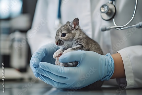 a veterinarian’s hands gently examining a small animal, with medical tools in the background