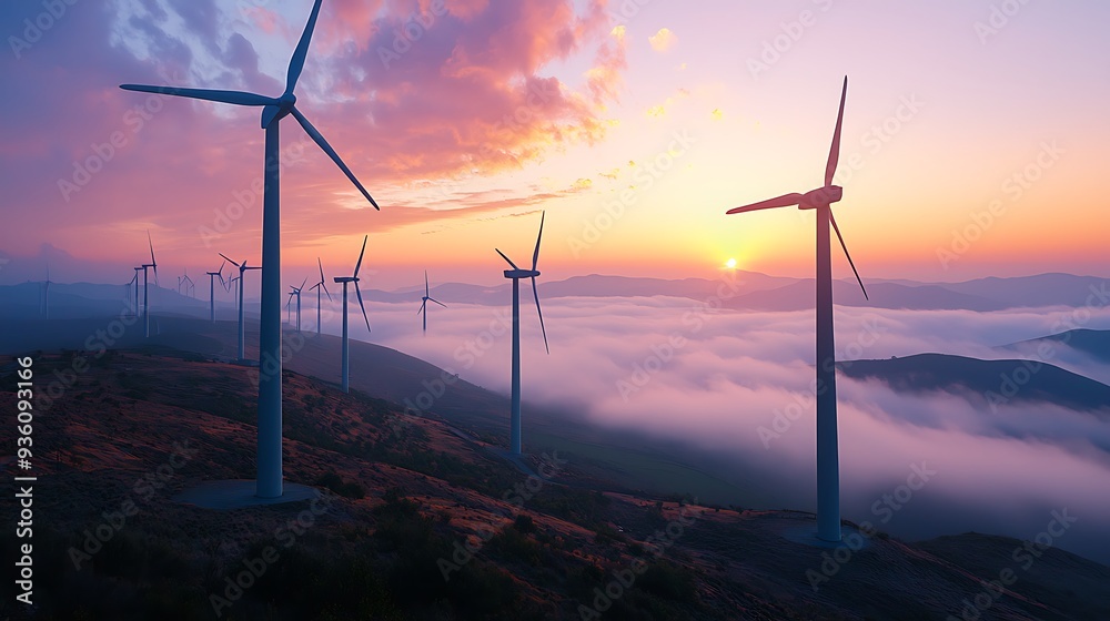 Fototapeta premium Wind turbines on a mountain ridge at sunset, highlighting the blend of natural beauty and renewable energy in a high-altitude setting.