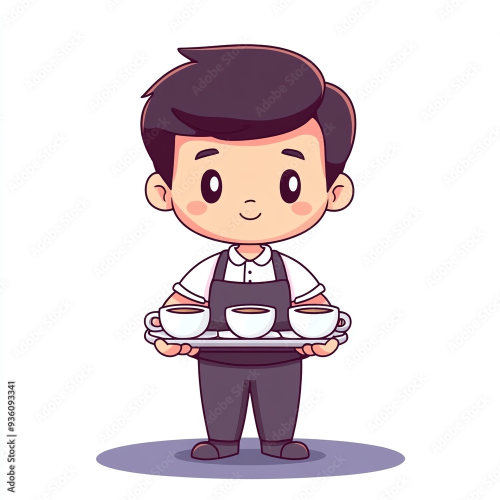 A cheerful young waiter holding a tray with cups, ready to serve. Perfect for illustrations about dining and hospitality. A cheerful young waiter holding a tray with cups, ready to serve. Perfect for illustrations about dining and hospitality.