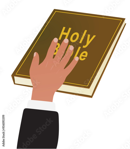 Swearing concept. Hand on Holy Bible. vector