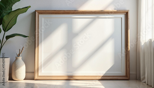Wooden frame with sunlit shadow in minimalist interior with copy space