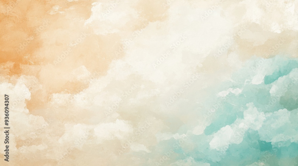 Obraz premium A soft, abstract artwork featuring pastel colors of orange, white, and turquoise, resembling a sky filled with fluffy clouds.