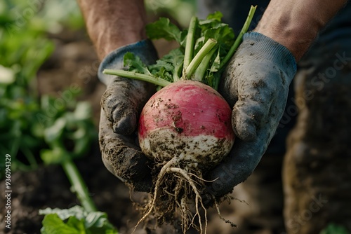 a farmer's hands harvesting ripe vegetables in a field, illustrating hard work and connection to the land photo