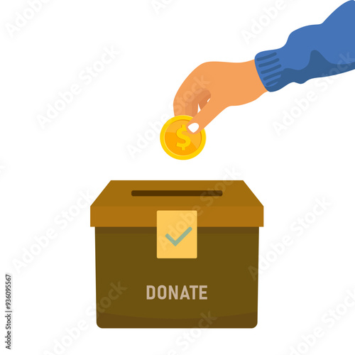Cardboard box with gold coins inside. 
A hand that throws cash to charity, donations, financial assistance.