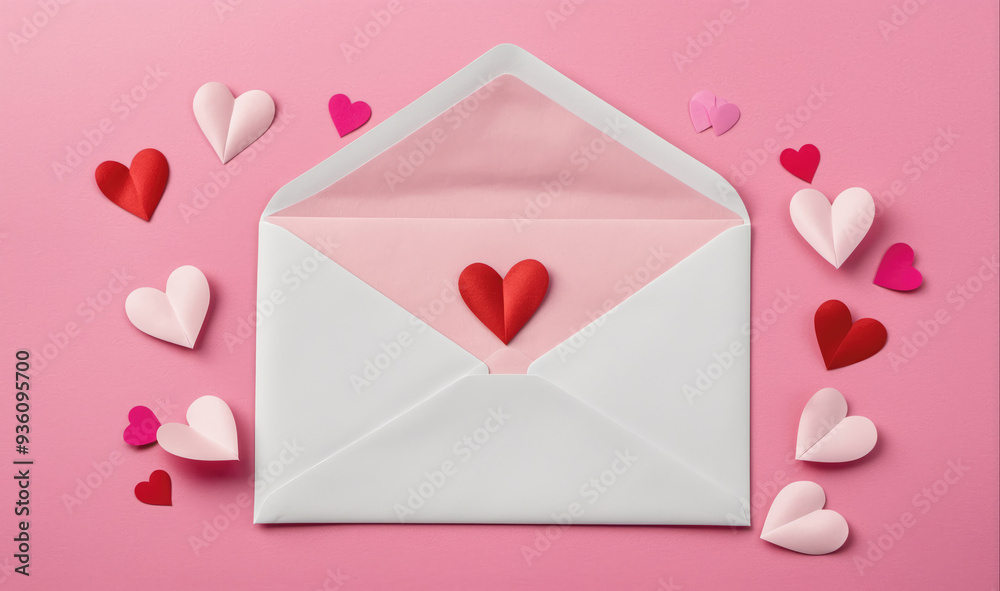 A white envelope with a red heart on top sits on a pink background surrounded by pink and red hearts A white envelope with a red heart on top sits on a pink background surrounded by pink and red hearts