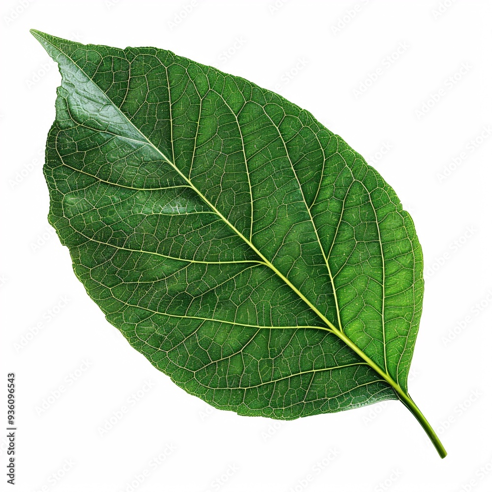 Obraz premium Single green leaf isolated on white, showcasing plant's textured foliage and vein details