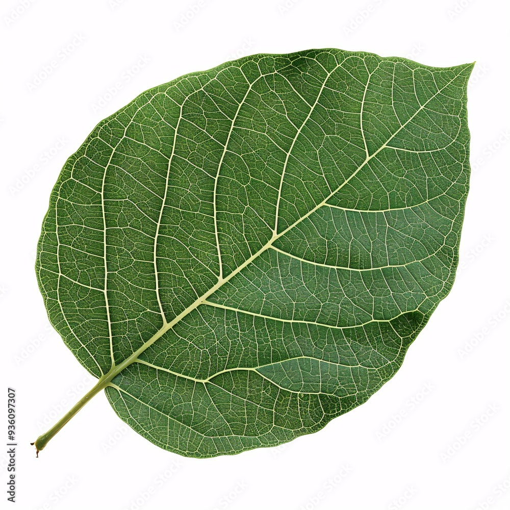 Obraz premium Close-up of a single green leaf showcasing intricate veins and texture against a white background, highlighting the natural beauty and details of foliage in a garden environment