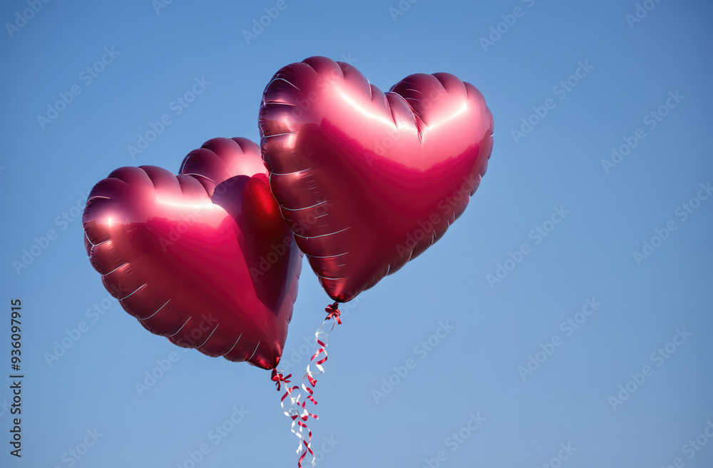 Two red heart-shaped balloons float in a clear blue sky Two red heart-shaped balloons float in a clear blue sky
