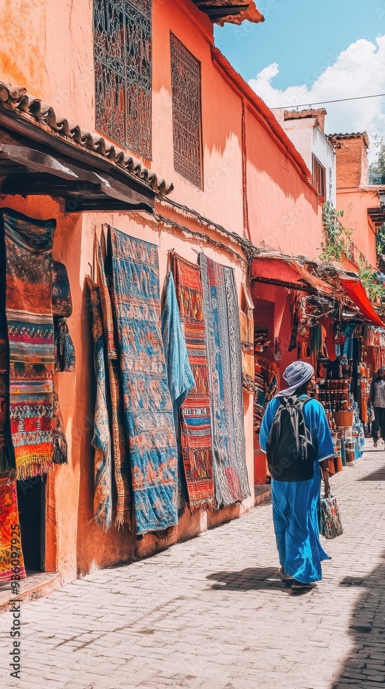 A solo African American traveler walks through a lively alleyway, surrounded by colorful textiles and vibrant market stalls A solo African American traveler walks through a lively alleyway, surrounded by colorful textiles and vibrant market stalls