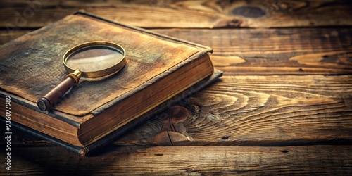 Vintage book and magnifying glass on rustic wooden desk