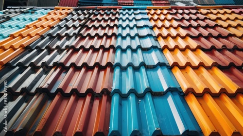 Metal roof sheets in various colors placed in warehouse to show diversity