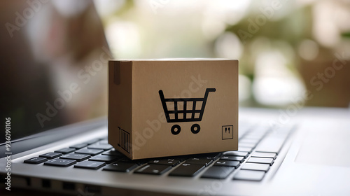 Online shopping: A cardboard box with a shopping cart icon placed on a laptop keyboard, representing an online shopping service with home delivery options