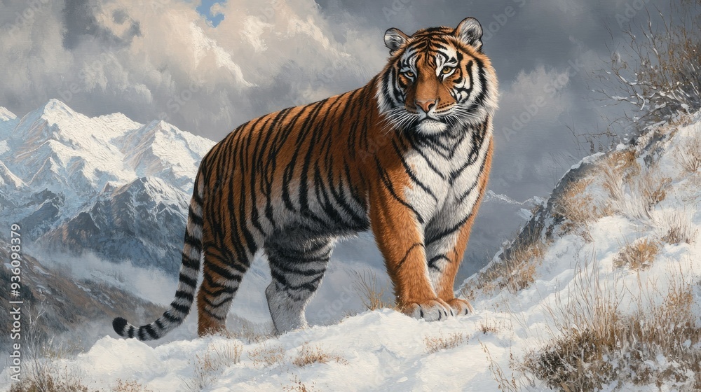 Obraz premium A majestic Siberian Tiger stands in snowy mountains, with its thick black and orange fur vividly detailed against the wintry backdrop