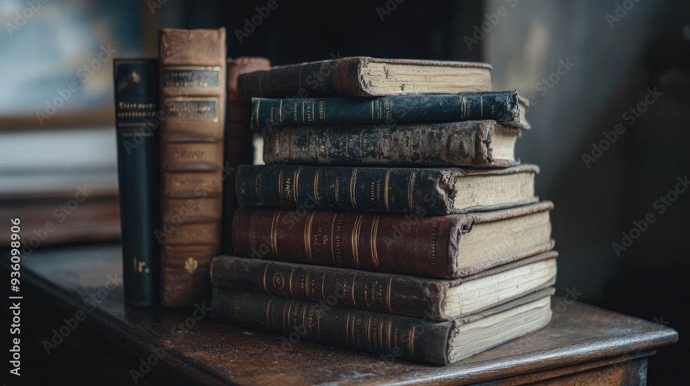 A pile of antique books with weathered covers, placed on a wooden table, creating a scene full of historical depth A pile of antique books with weathered covers, placed on a wooden table, creating a scene full of historical depth