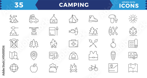 Camping and Outdoor editable stroke outline Icons set. Map, tourism, camping, hiking, direction, bonfire, backpack, binoculars, tent and caravan. Vector illustration