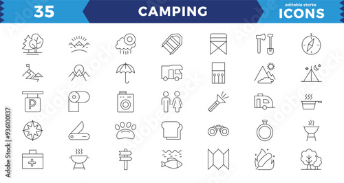 Camping and Outdoor editable stroke outline Icons set. Map, tourism, camping, hiking, direction, bonfire, backpack, binoculars, tent and caravan. Vector illustration