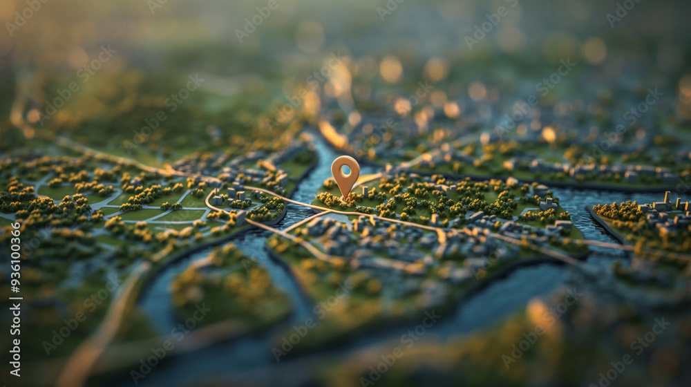 3D map with location pin marking a specific point. 3D map with location pin marking a specific point.