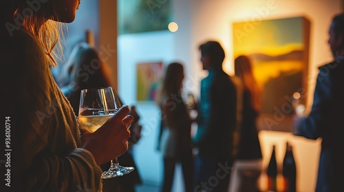Art gallery opening at a small, chic venue, guests mingling with drinks in hand, the background softly blurred to focus on the art and atmosphere