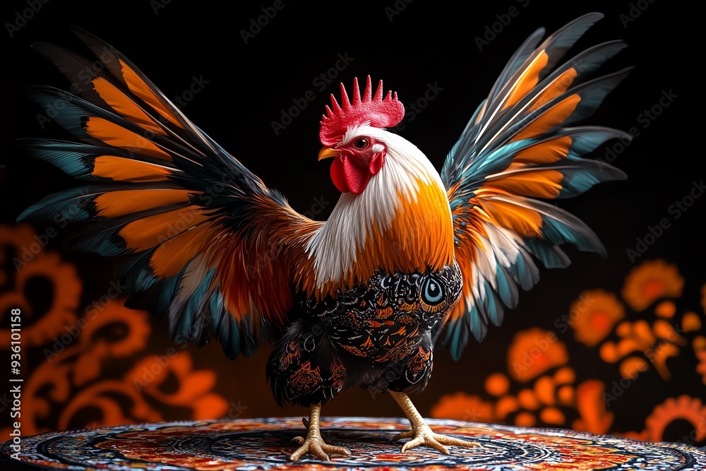 Fototapeta premium A colorful rooster with its wings spread wide stands on a patterned surface against a dark background.