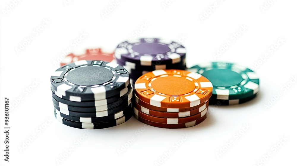Colorful casino chips on a white background, capturing the essence of gaming and chance.