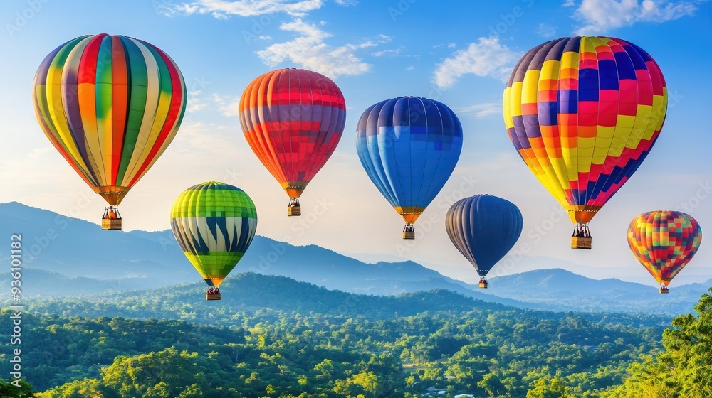 Fototapeta premium Colorful hot air balloons fill the sky, floating above a scenic mountain backdrop with a slightly blurred effect.