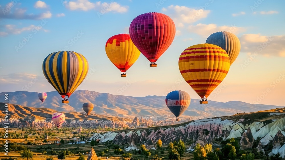 Obraz premium Colorful hot air balloons fill the sky, floating above a scenic mountain backdrop with a slightly blurred effect.