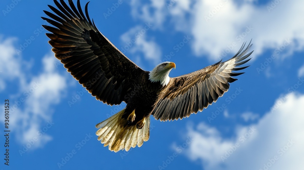 Naklejka premium Eagle in mid-flight, gliding through the blue sky with wings spread wide, embodying power and grace.
