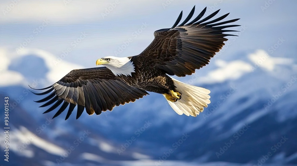 Obraz premium Eagle in mid-flight, gliding through the blue sky with wings spread wide, embodying power and grace.