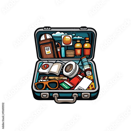 A vector illustration of an open suitcase with various travel essentials inside, including sunglasses, a camera, a book, and toiletries.